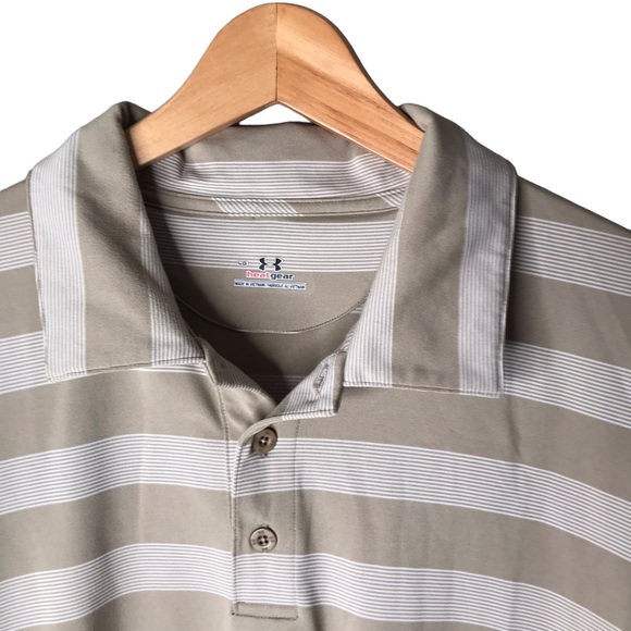 Under Armour UA Polo Golf Shirt Short Sleeve Tan Cream Stripes Men’s Large - Picture 3 of 11